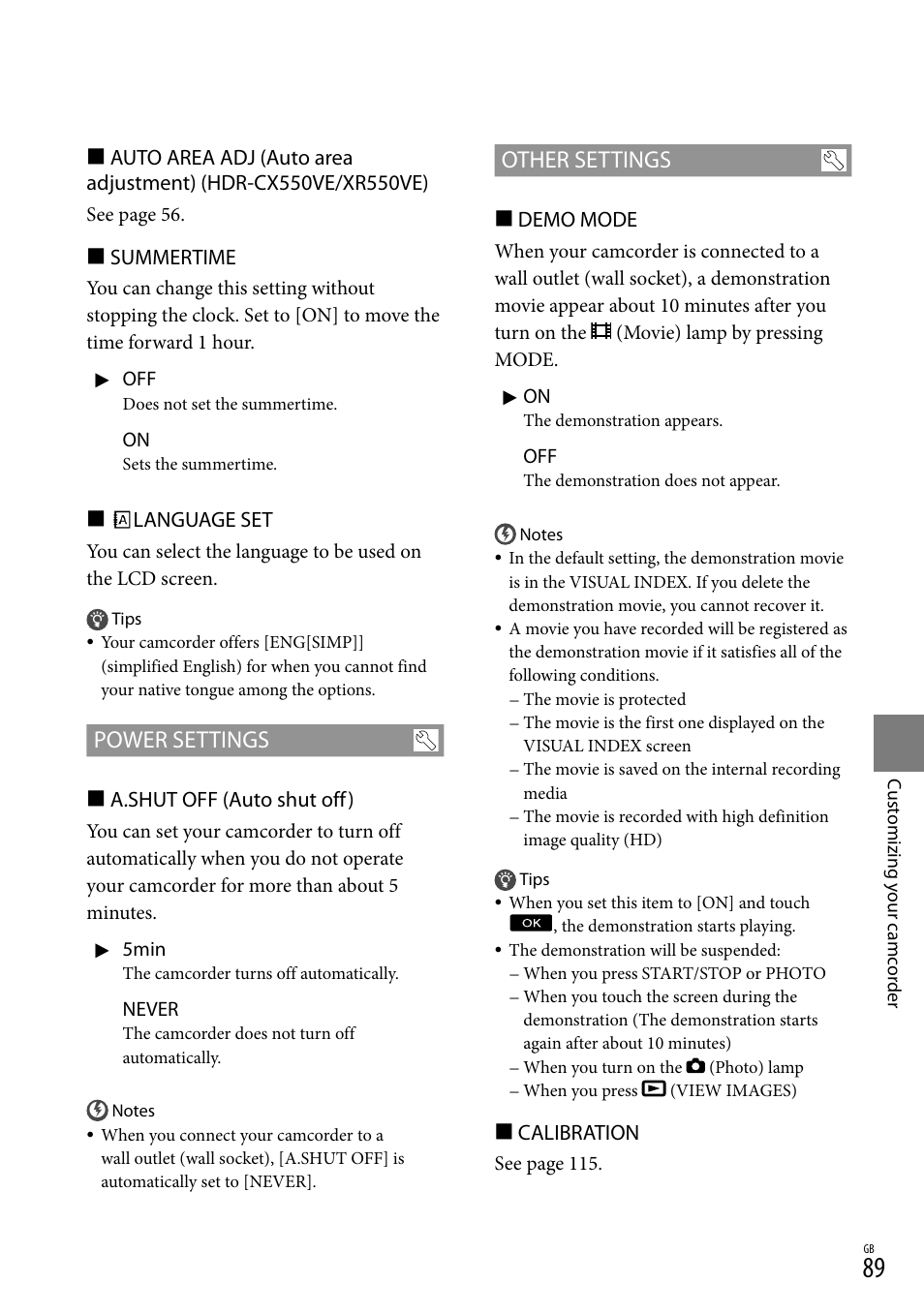 Power settings, Other settings | Sony XR550E User Manual | Page 89 / 127