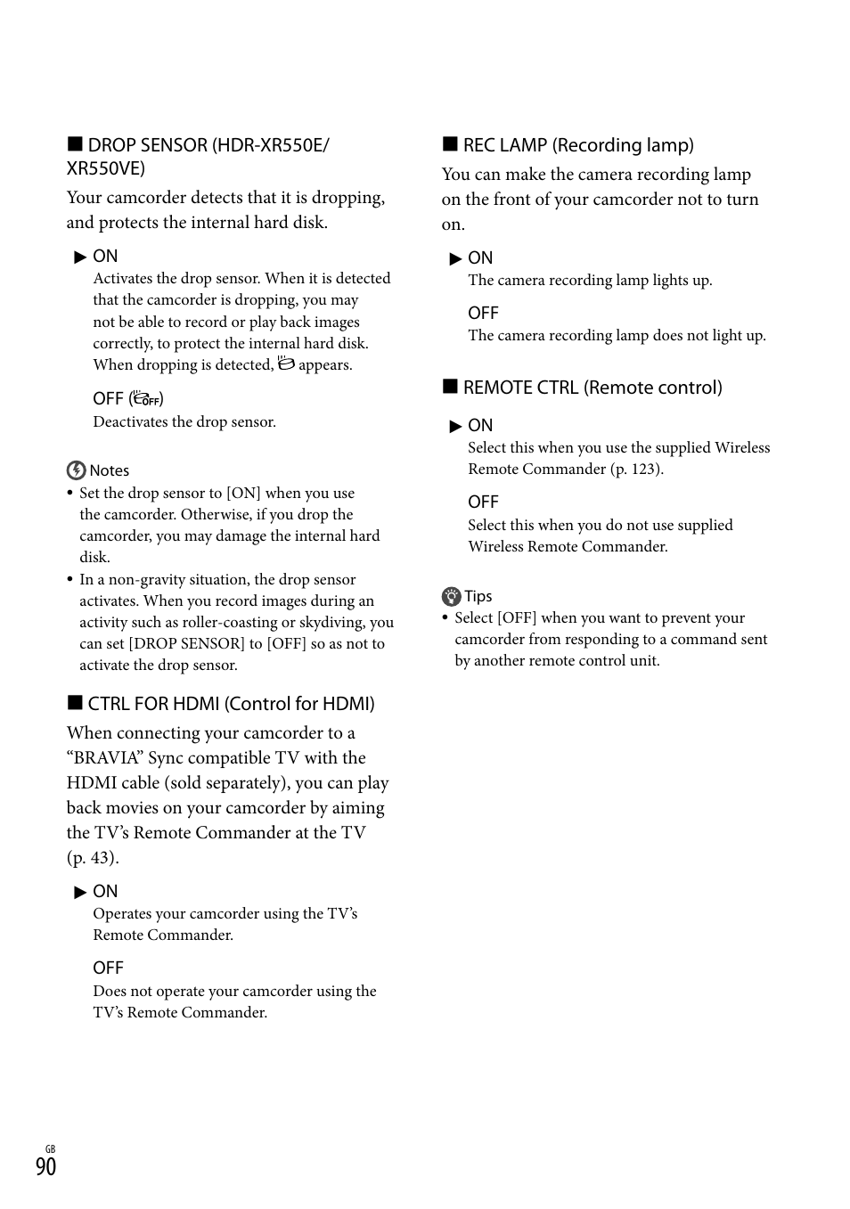 90). w | Sony XR550E User Manual | Page 90 / 127