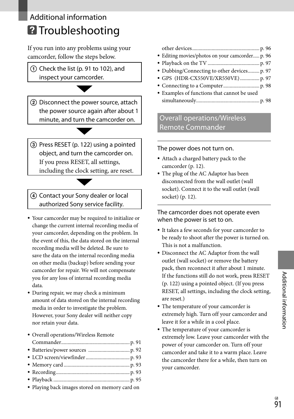 Additional information, Troubleshooting, Overall operations/wireless remote commander | Sony XR550E User Manual | Page 91 / 127