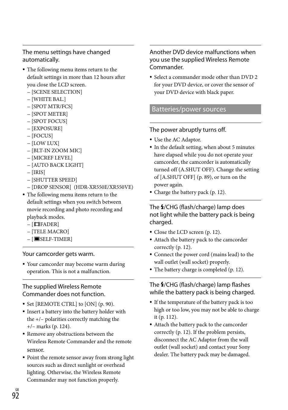 Batteries/power sources | Sony XR550E User Manual | Page 92 / 127