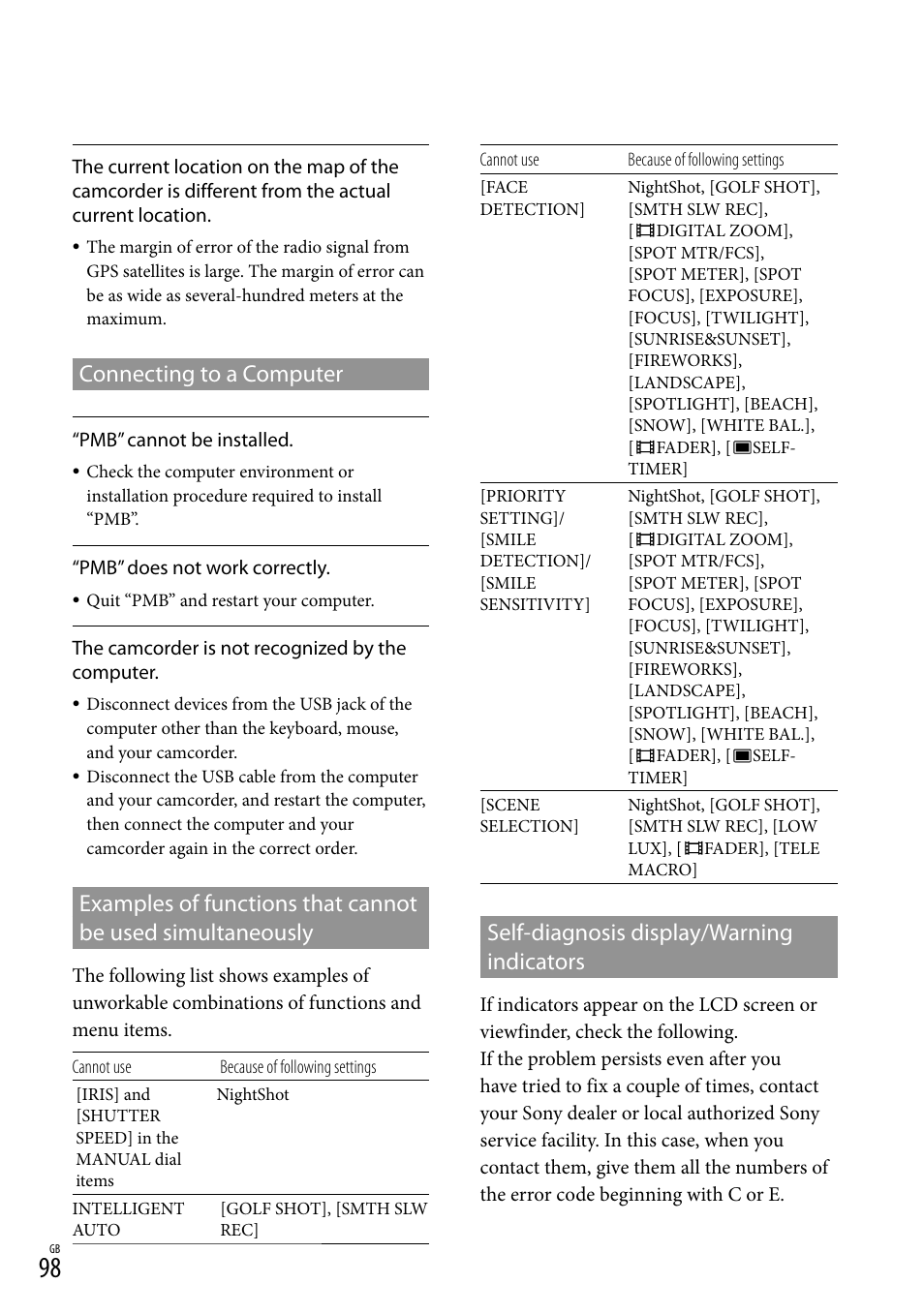 Self-diagnosis display/warning indicators, Connecting to a computer, Examples of functions that cannot be used | Simultaneously | Sony XR550E User Manual | Page 98 / 127