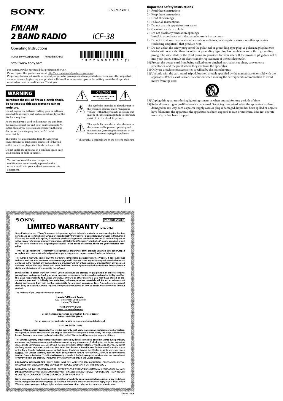 Sony ICF-38 User Manual | 2 pages