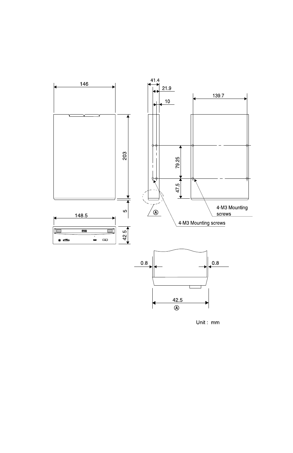 Dimension diagram, Specifications | Sony CD-R Drive Unit CDU948S User Manual | Page 29 / 29