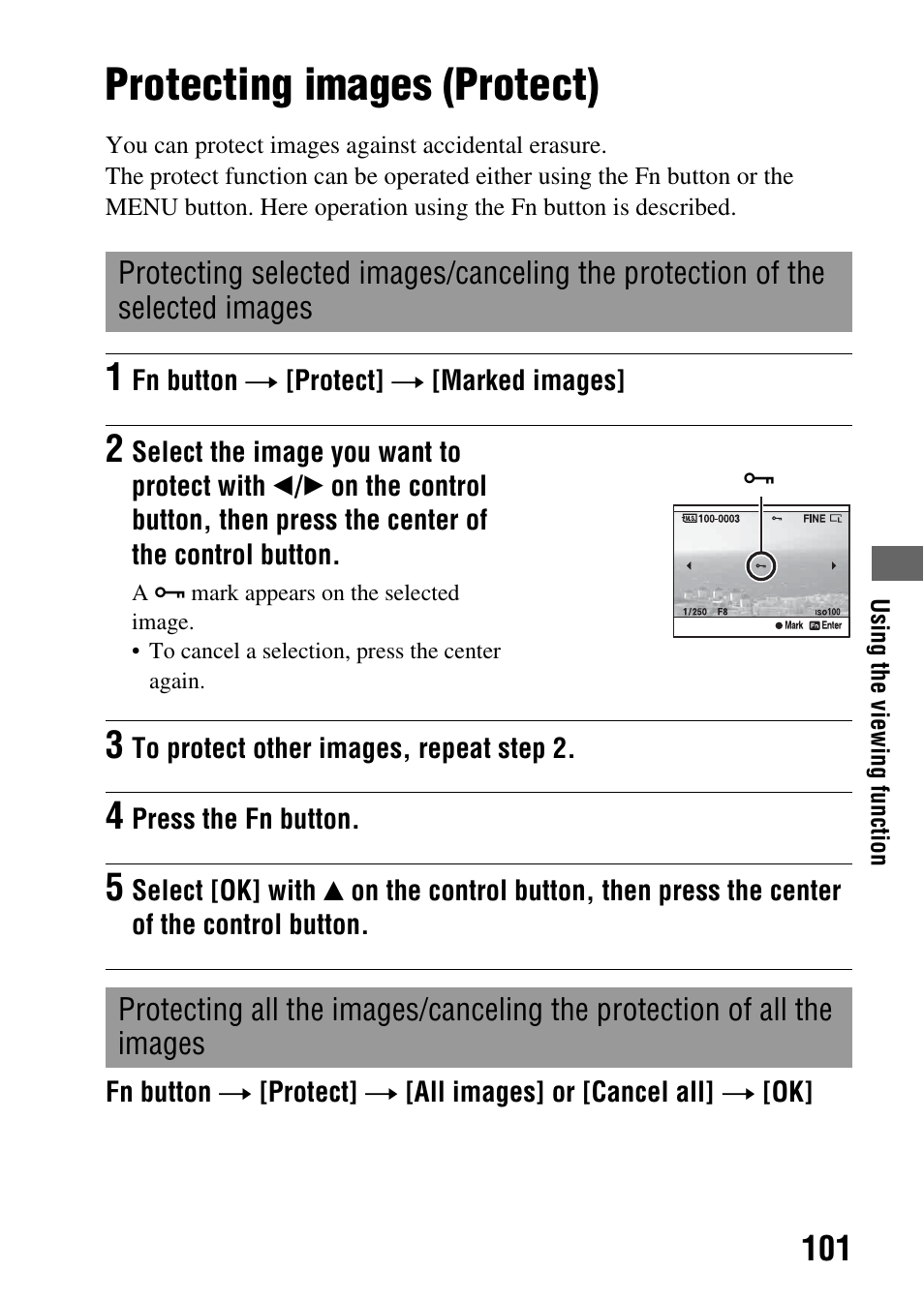 Protecting images (protect), Protect (101) | Sony Alpha 230 User Manual | Page 101 / 162