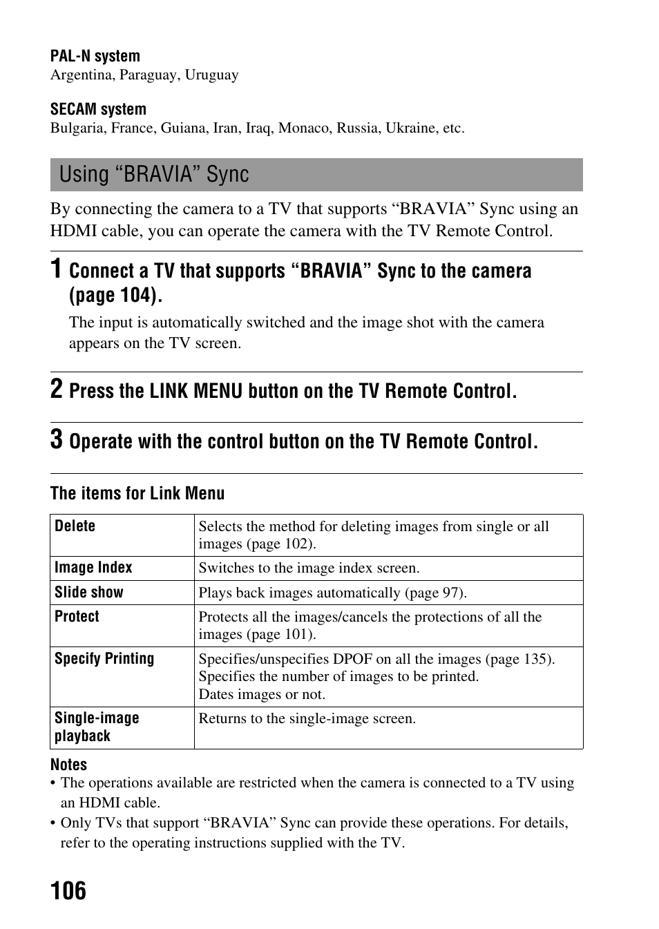 I (106), Using “bravia” sync | Sony Alpha 230 User Manual | Page 106 / 162