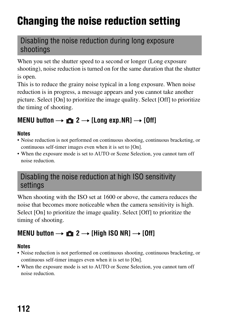 Changing the noise reduction setting | Sony Alpha 230 User Manual | Page 112 / 162