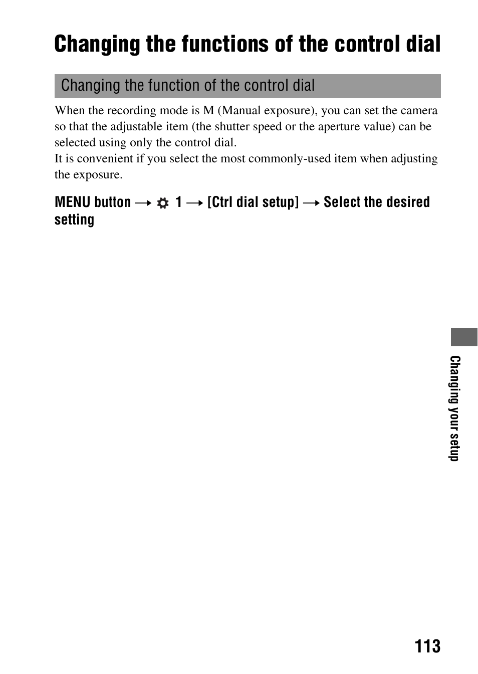 Changing the functions of the control dial, P (113) | Sony Alpha 230 User Manual | Page 113 / 162