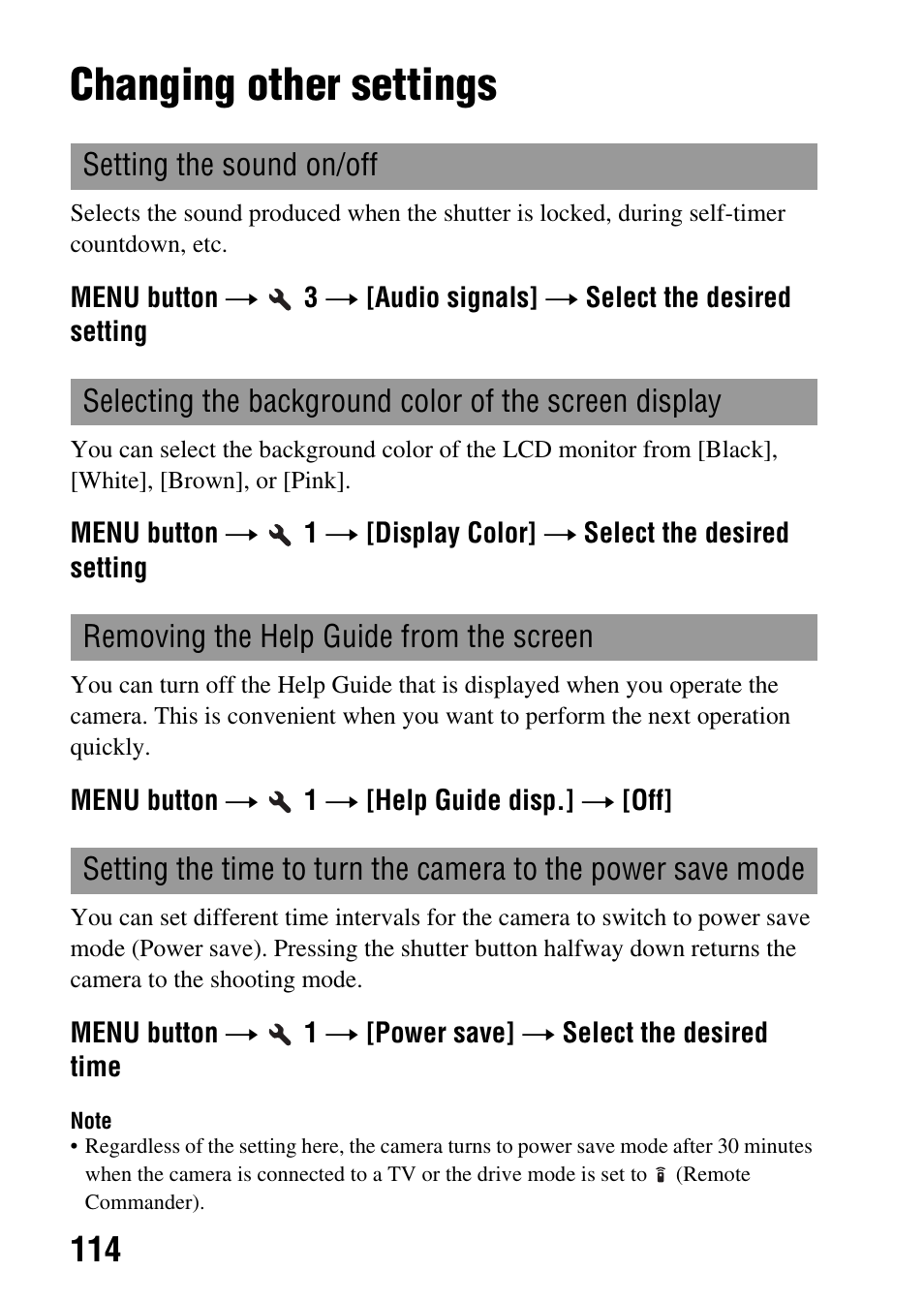 Changing other settings, Save (114), R (114) | Sony Alpha 230 User Manual | Page 114 / 162