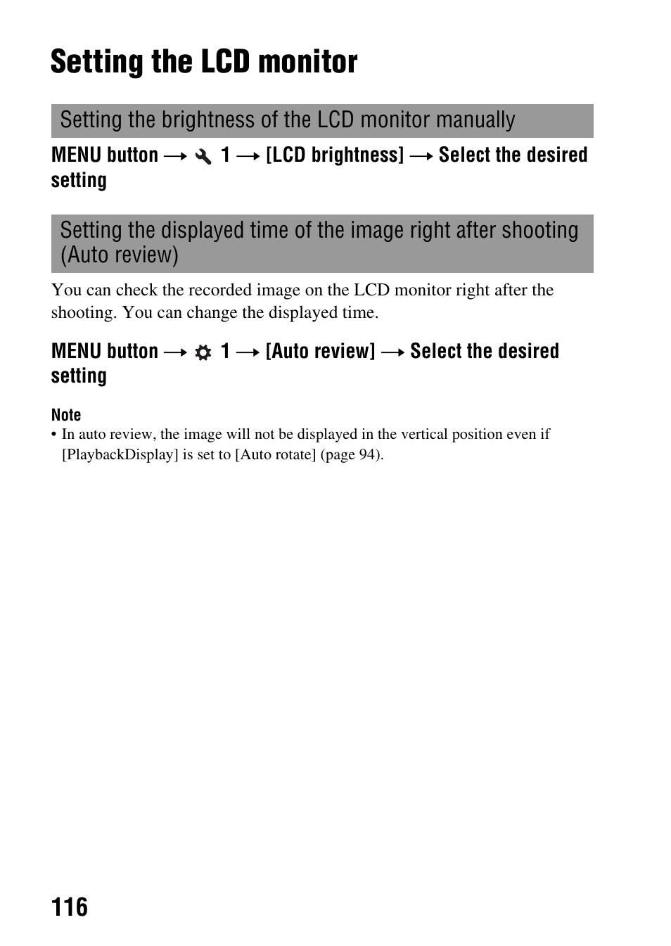 Setting the lcd monitor, Ew (116) | Sony Alpha 230 User Manual | Page 116 / 162