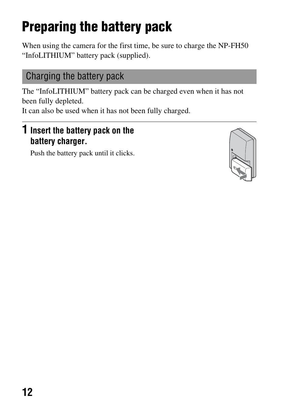 Preparing the battery pack | Sony Alpha 230 User Manual | Page 12 / 162