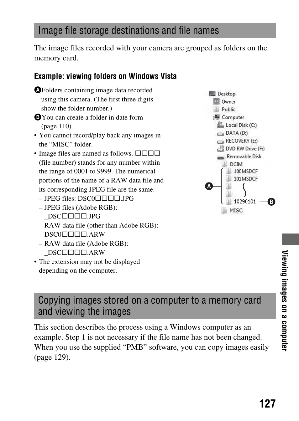 Image file storage destinations and file names | Sony Alpha 230 User Manual | Page 127 / 162