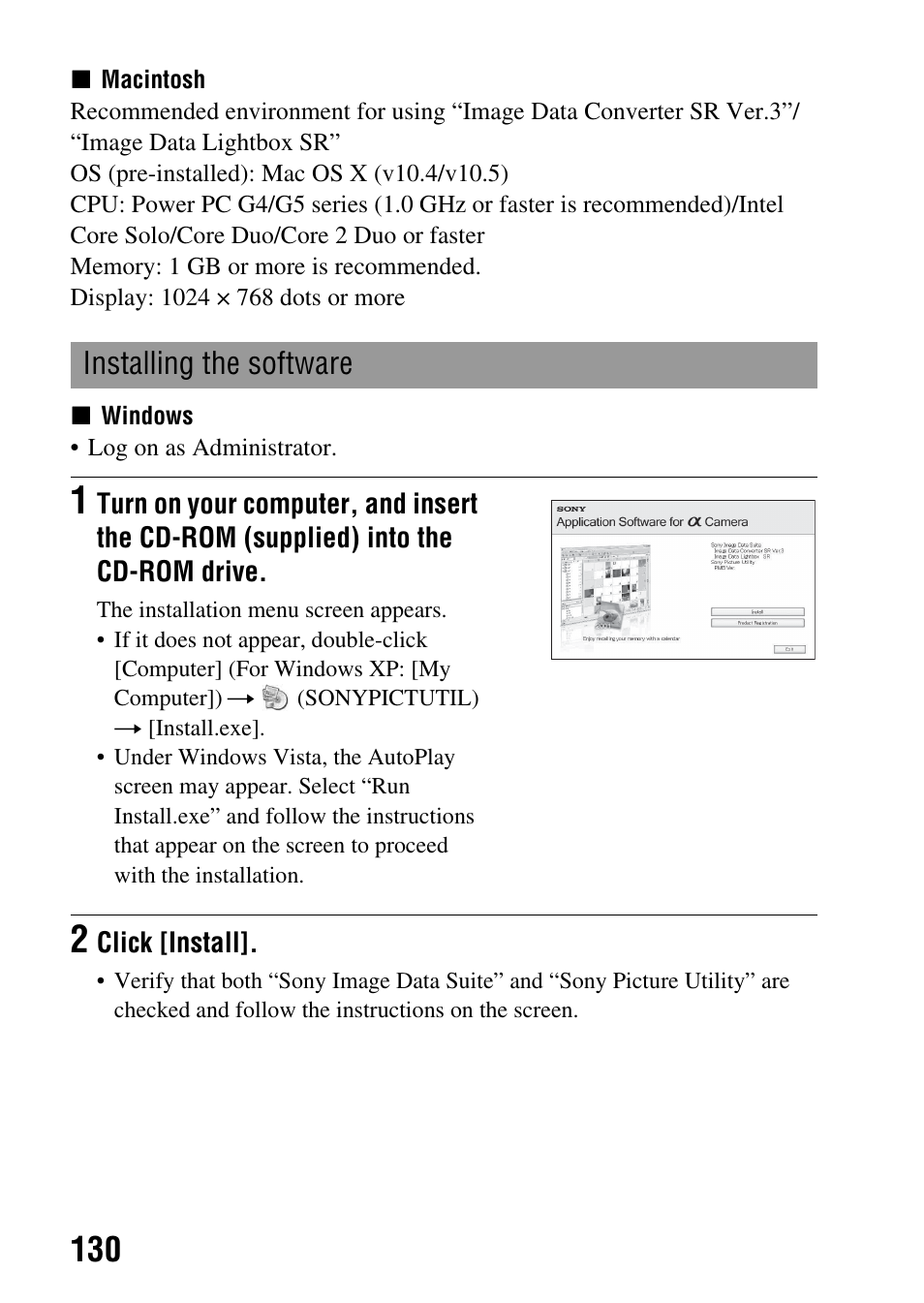 Installing the software | Sony Alpha 230 User Manual | Page 130 / 162