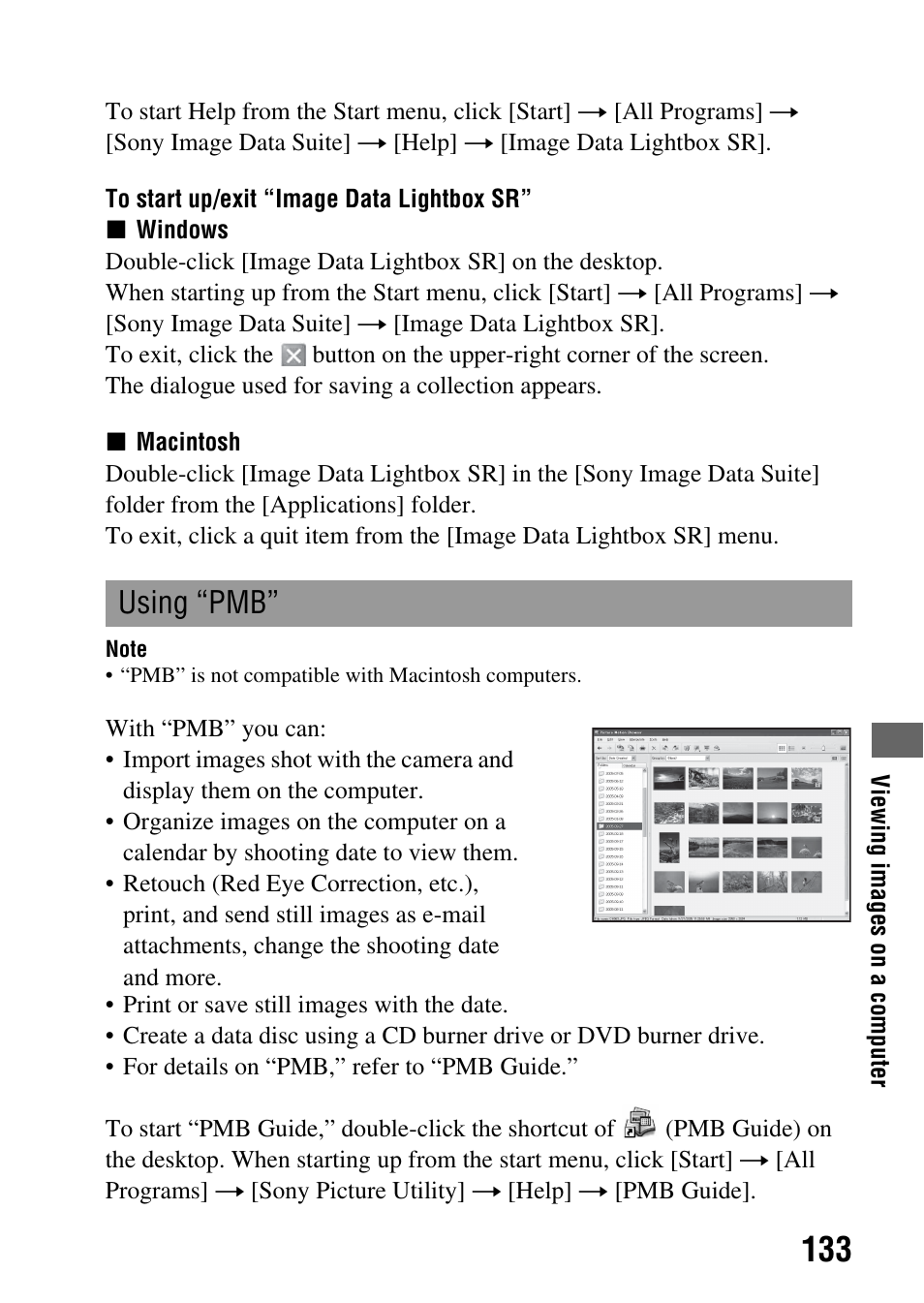 Using “pmb | Sony Alpha 230 User Manual | Page 133 / 162