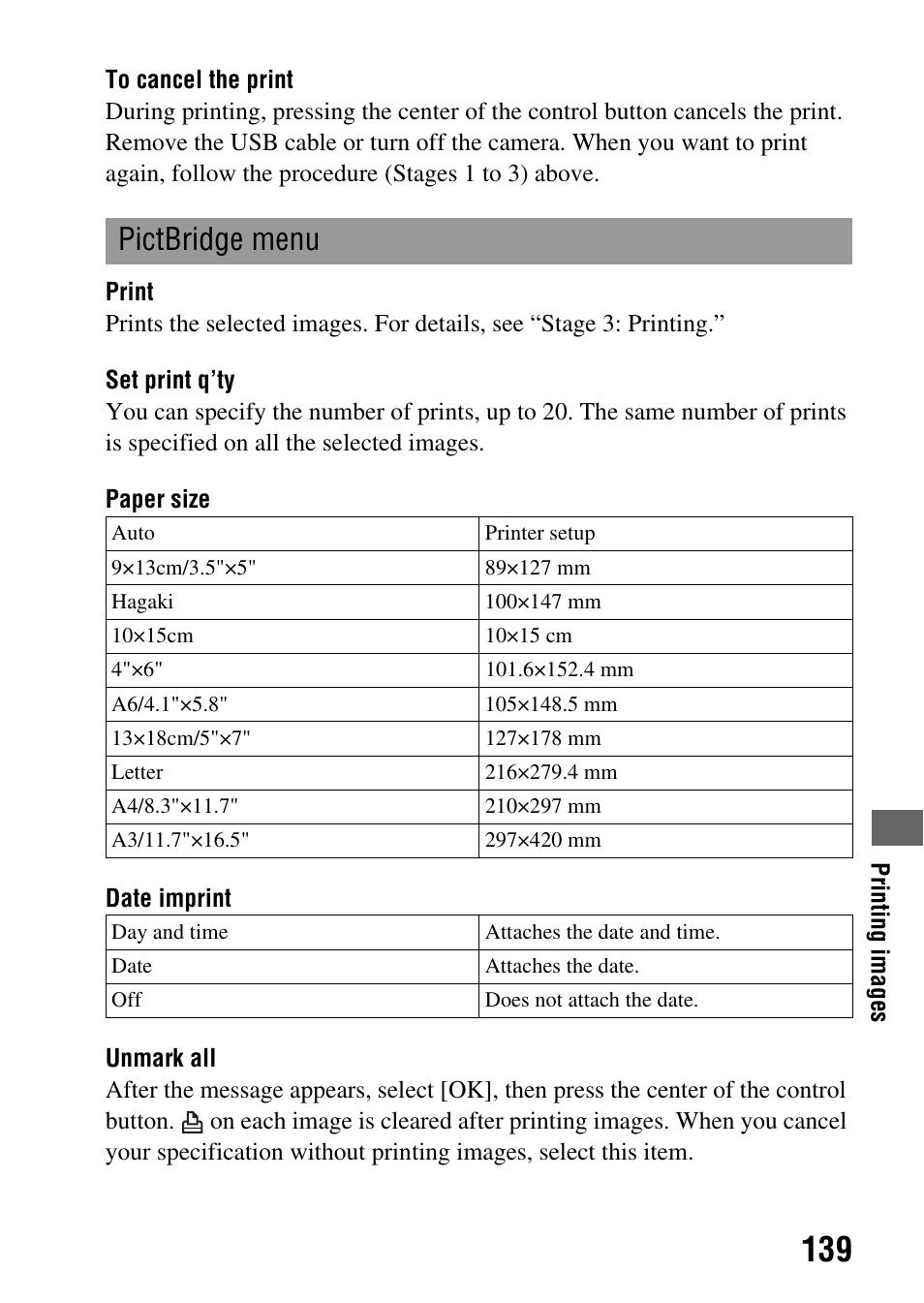 T (139), Pictbridge menu | Sony Alpha 230 User Manual | Page 139 / 162