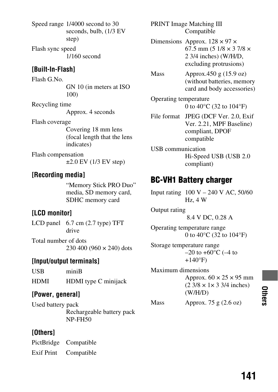 Bc-vh1 battery charger | Sony Alpha 230 User Manual | Page 141 / 162