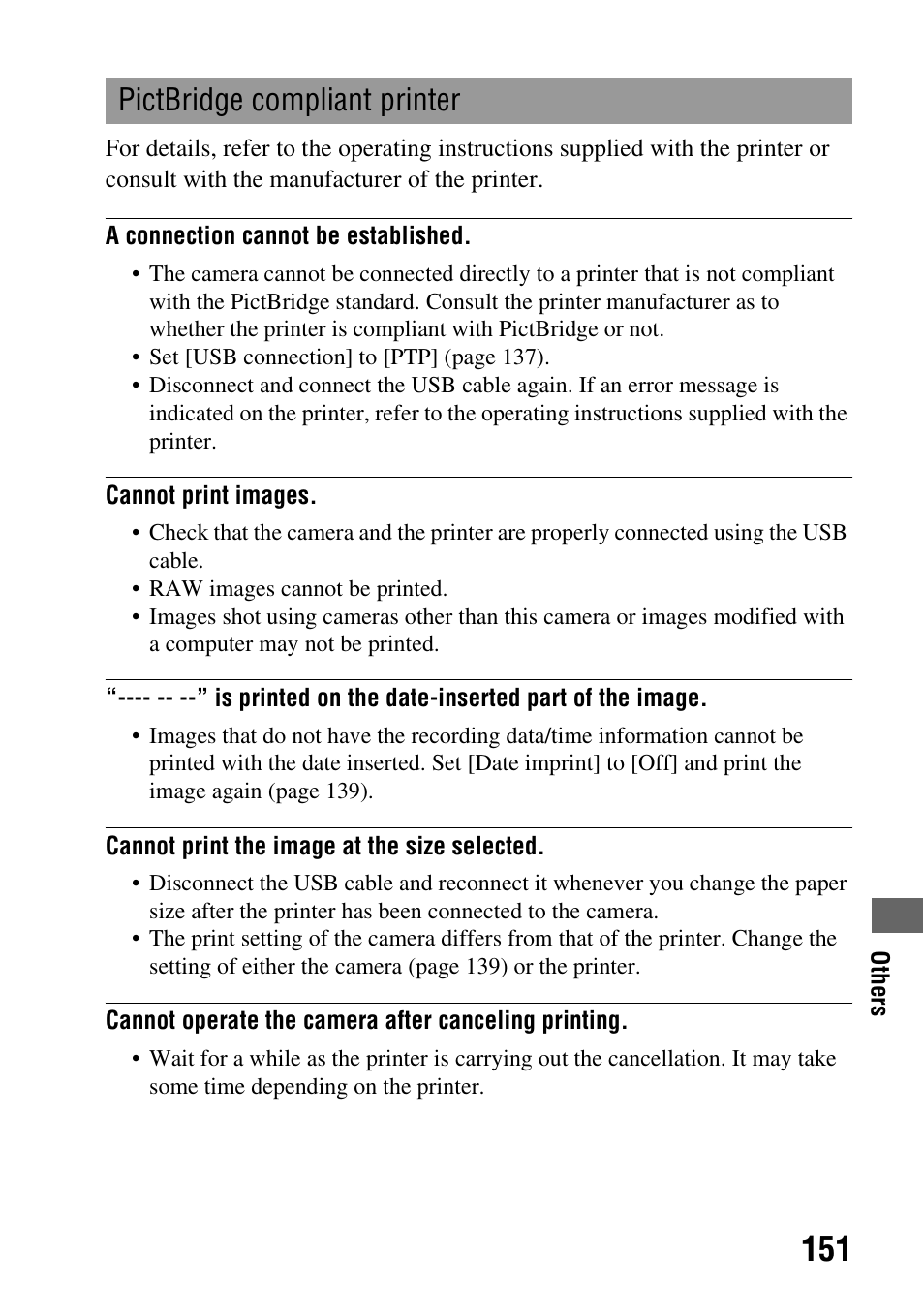 See “pictbridge compliant printer, Pictbridge compliant printer | Sony Alpha 230 User Manual | Page 151 / 162