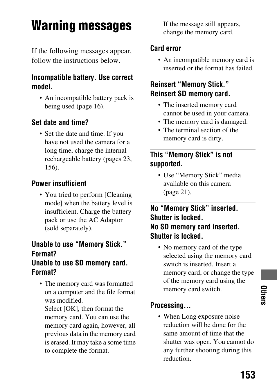 Warning messages | Sony Alpha 230 User Manual | Page 153 / 162