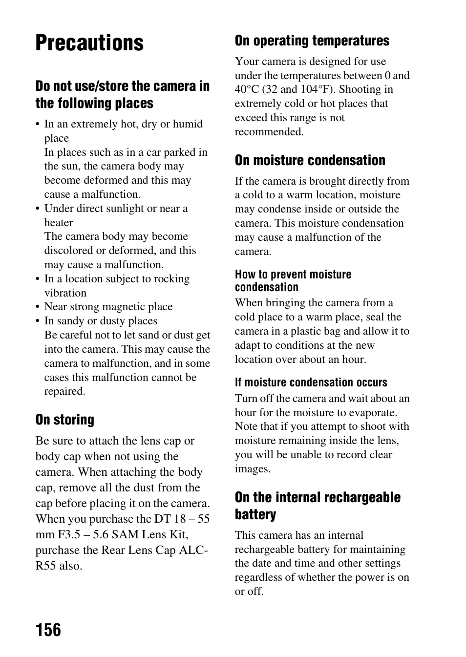 Precautions | Sony Alpha 230 User Manual | Page 156 / 162