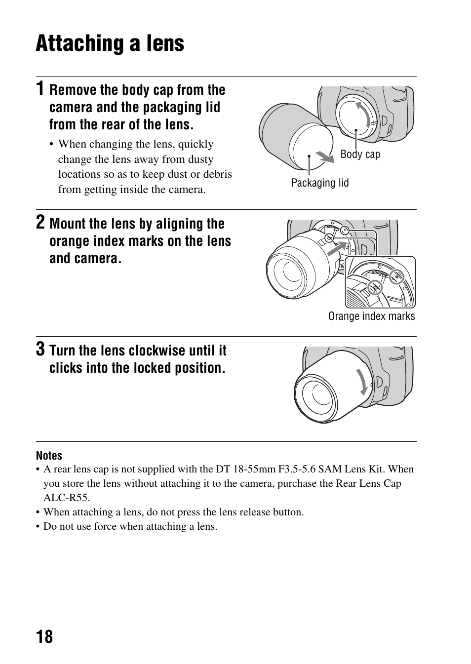 Attaching a lens | Sony Alpha 230 User Manual | Page 18 / 162