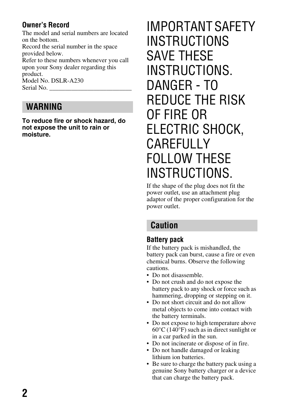 Warning caution | Sony Alpha 230 User Manual | Page 2 / 162