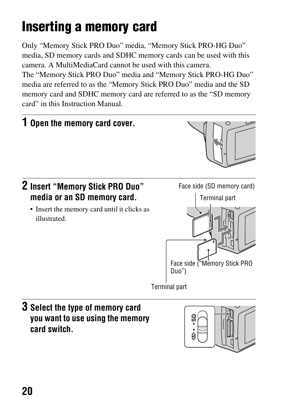 Inserting a memory card | Sony Alpha 230 User Manual | Page 20 / 162