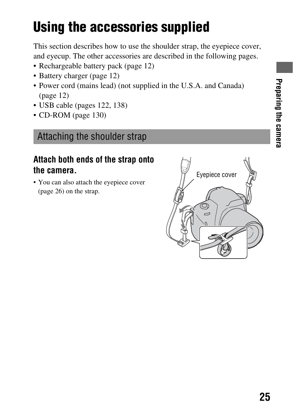 Using the accessories supplied, Attaching the shoulder strap | Sony Alpha 230 User Manual | Page 25 / 162