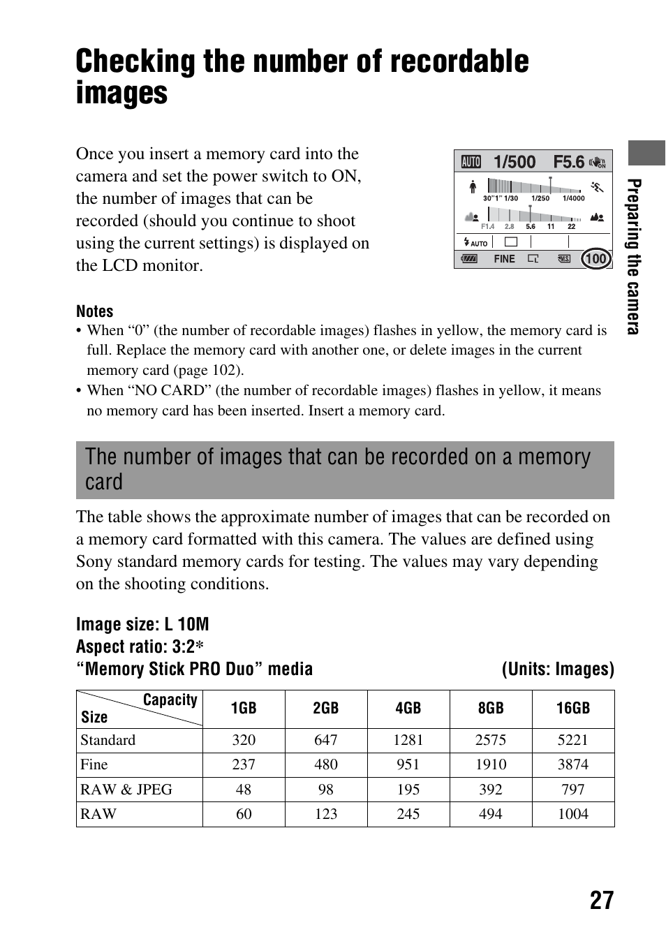 Checking the number of recordable images | Sony Alpha 230 User Manual | Page 27 / 162