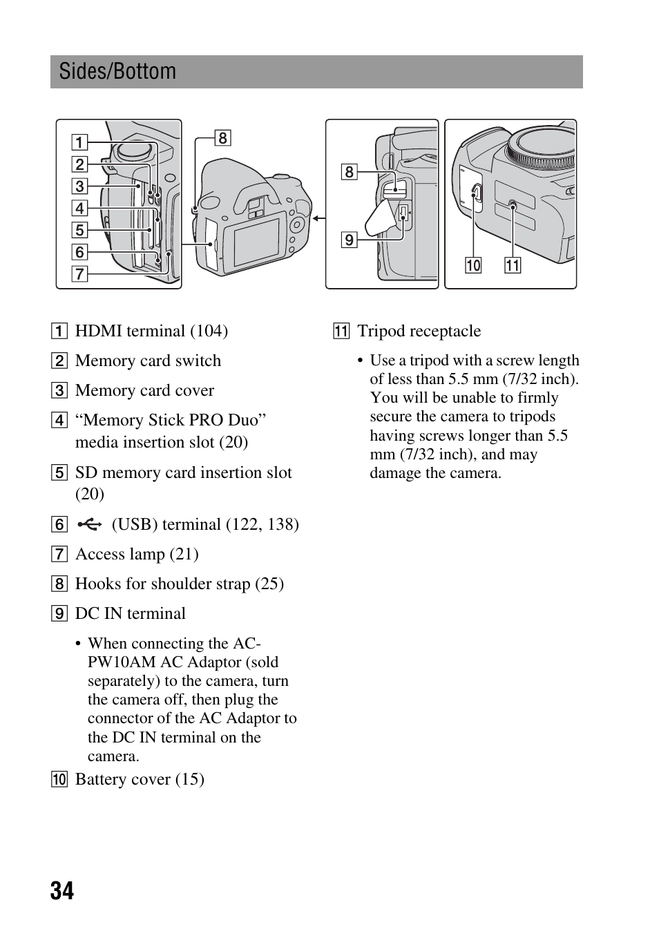 Sides/bottom | Sony Alpha 230 User Manual | Page 34 / 162