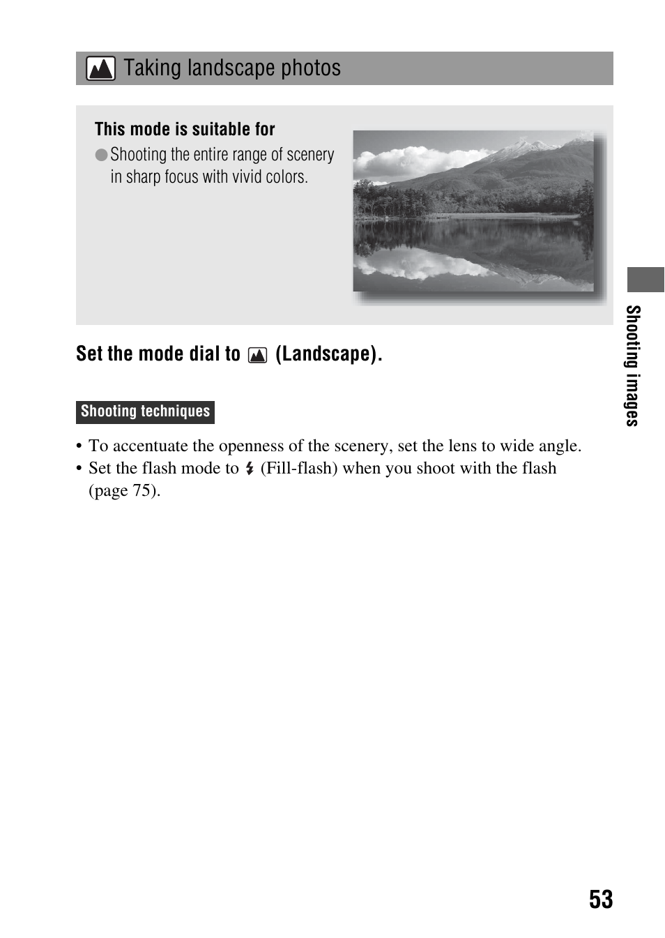 Taking landscape photos | Sony Alpha 230 User Manual | Page 53 / 162