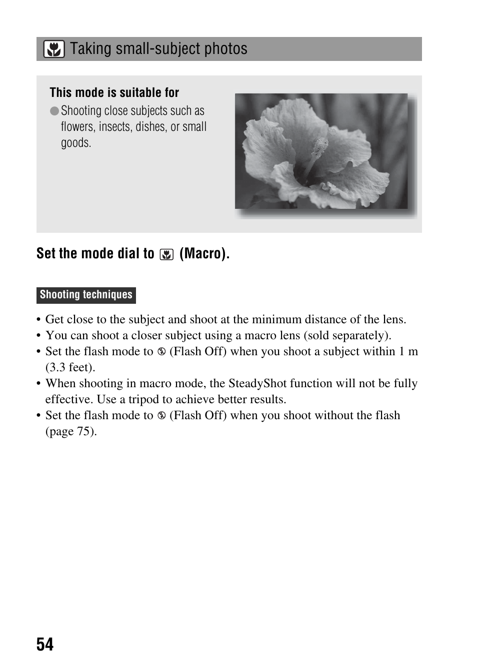 Taking small-subject photos | Sony Alpha 230 User Manual | Page 54 / 162