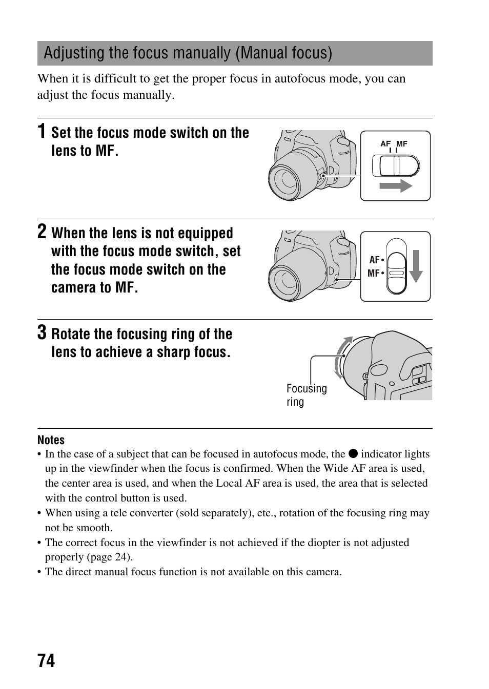 Adjusting the focus manually (manual focus) | Sony Alpha 230 User Manual | Page 74 / 162