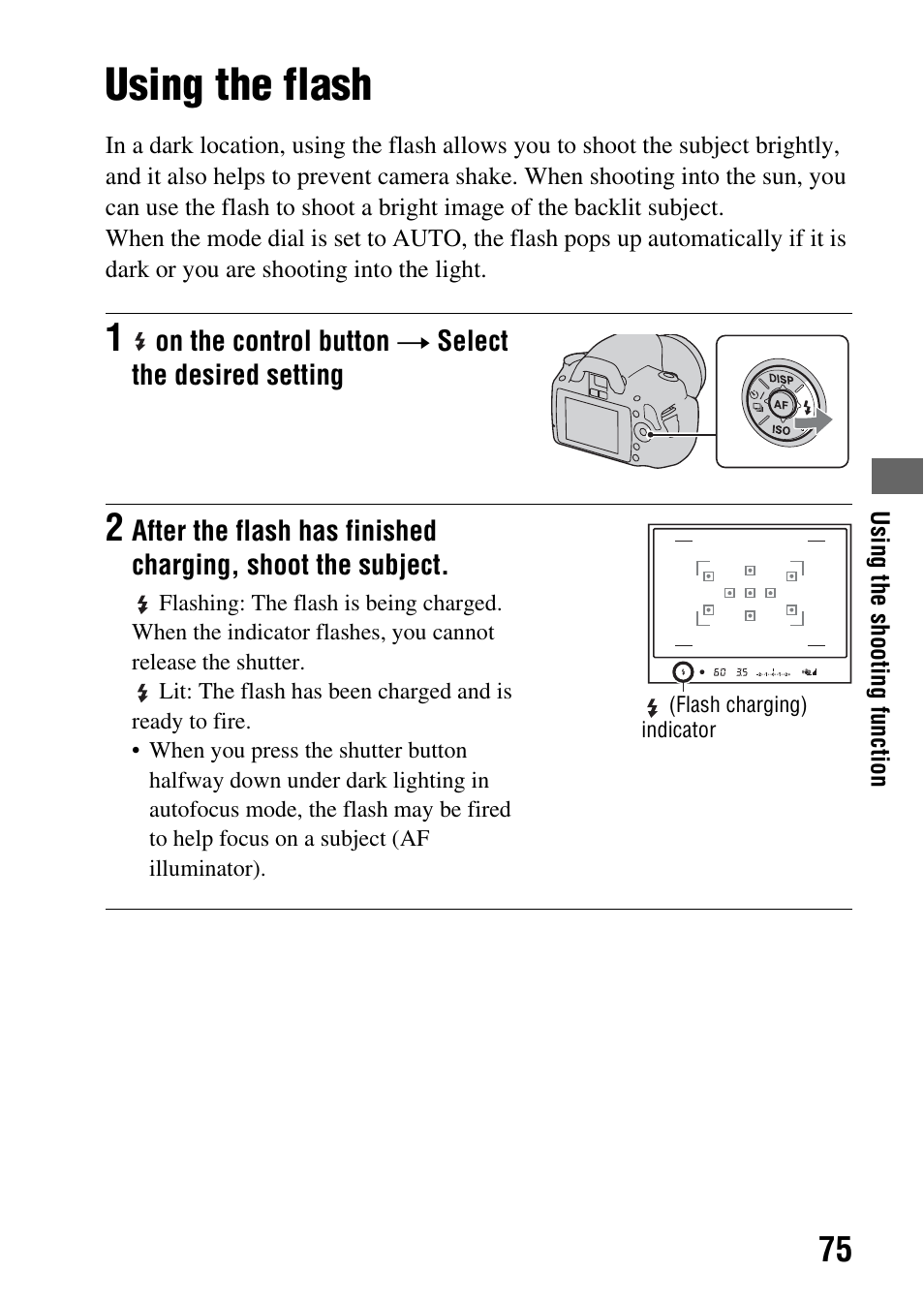 Using the flash, In flash* (75), 75)/r | Ng (75) | Sony Alpha 230 User Manual | Page 75 / 162