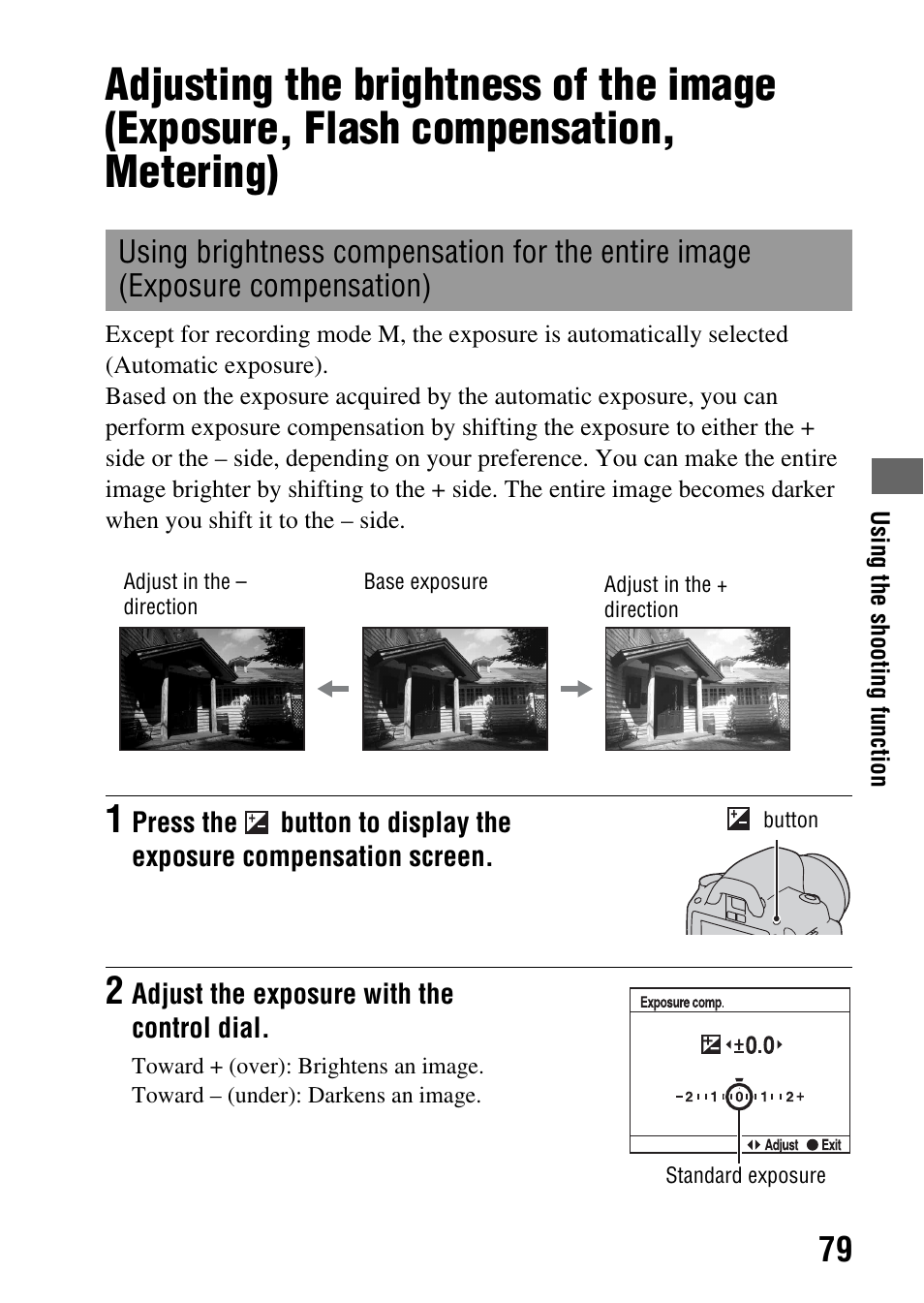 Exposure compensation), N (79), E (79) | Sony Alpha 230 User Manual | Page 79 / 162