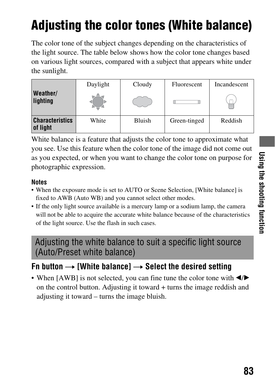 Adjusting the color tones (white balance), Auto/preset white balance), Nce (83) | Sony Alpha 230 User Manual | Page 83 / 162