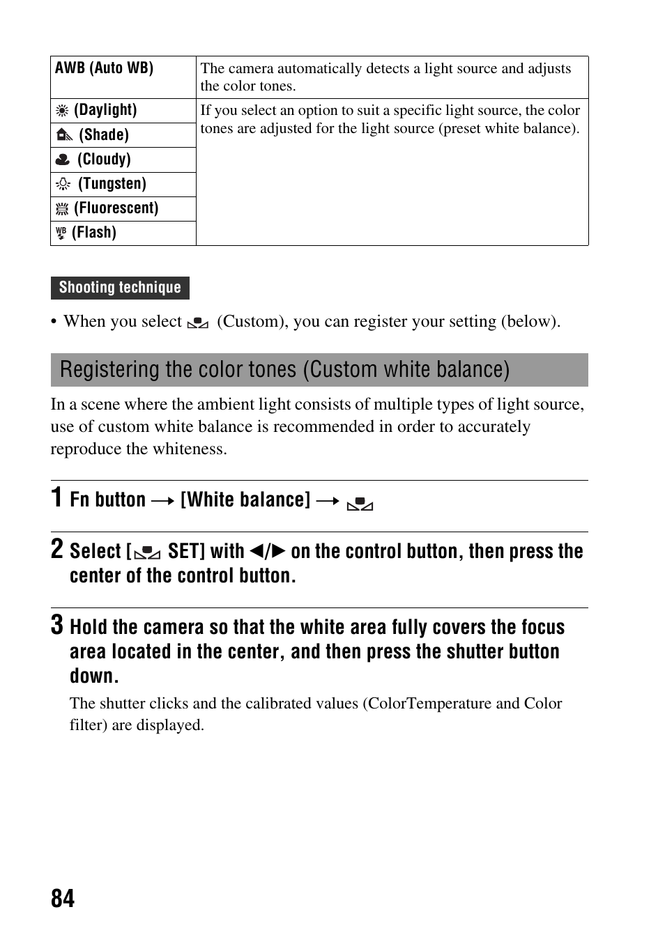 Registering the color tones (custom white balance) | Sony Alpha 230 User Manual | Page 84 / 162