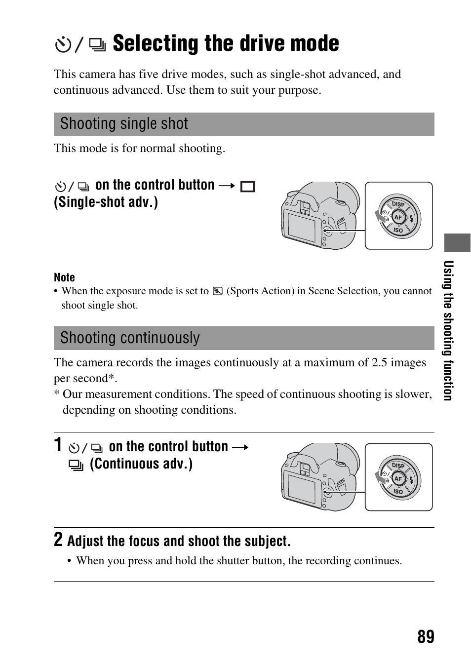 Selecting the drive mode, Shooting single shot, Shooting continuously | Shooting single shot shooting continuously, 89)/iso, De (89), G (89) | Sony Alpha 230 User Manual | Page 89 / 162