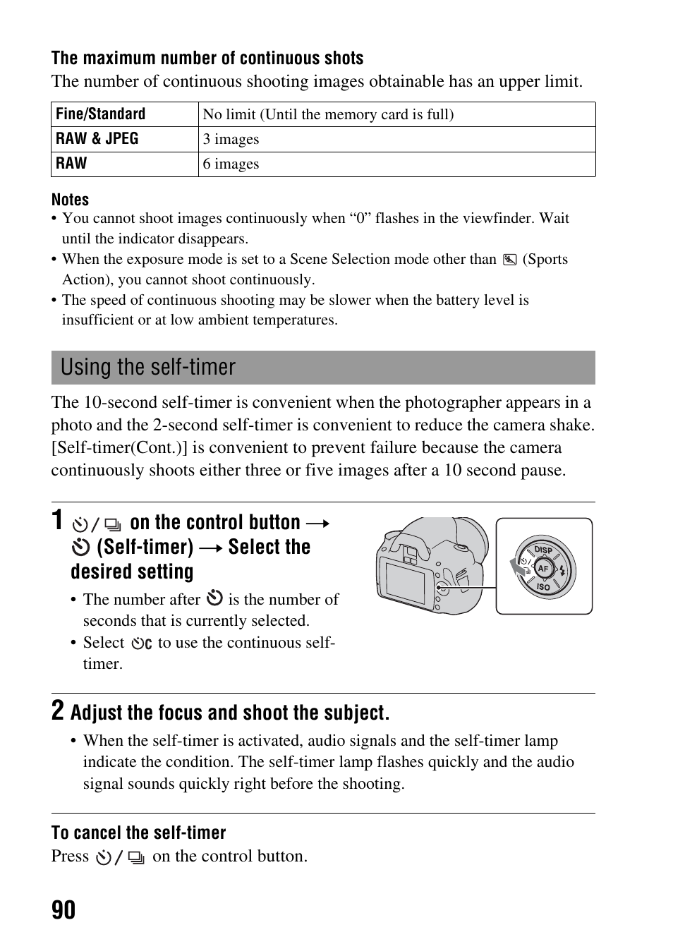 Using the self-timer, Mp (90), Adjust the focus and shoot the subject | Sony Alpha 230 User Manual | Page 90 / 162