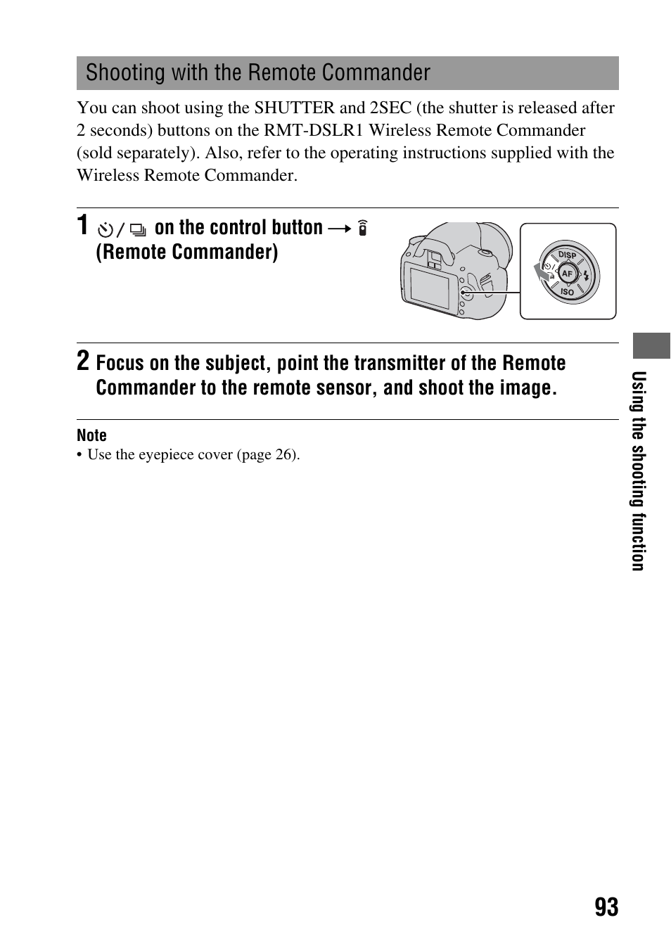 Shooting with the remote commander | Sony Alpha 230 User Manual | Page 93 / 162