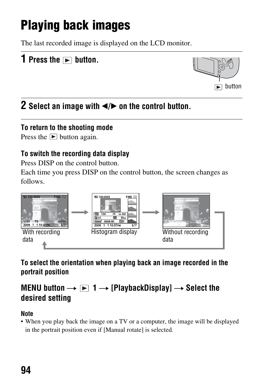 Using the viewing function, Playing back images, Tton (94) | Y (94) | Sony Alpha 230 User Manual | Page 94 / 162
