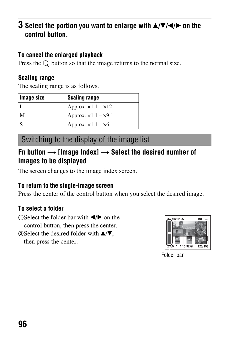 Switching to the display of the image list | Sony Alpha 230 User Manual | Page 96 / 162