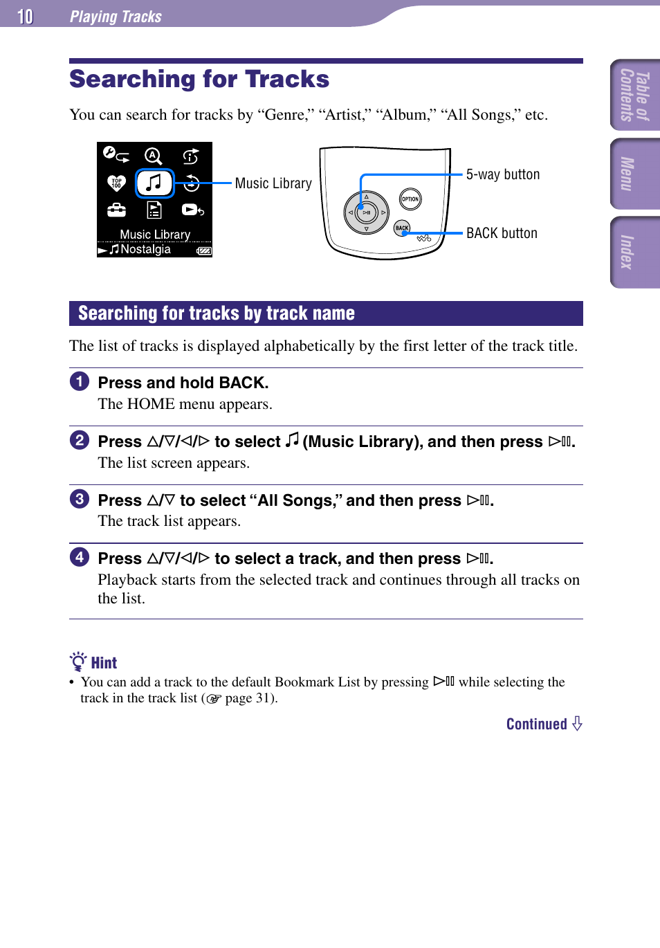 Playing tracks, Searching for tracks, Y track name | Searching for tracks by track name | Sony NW-A1000 Series User Manual | Page 10 / 94