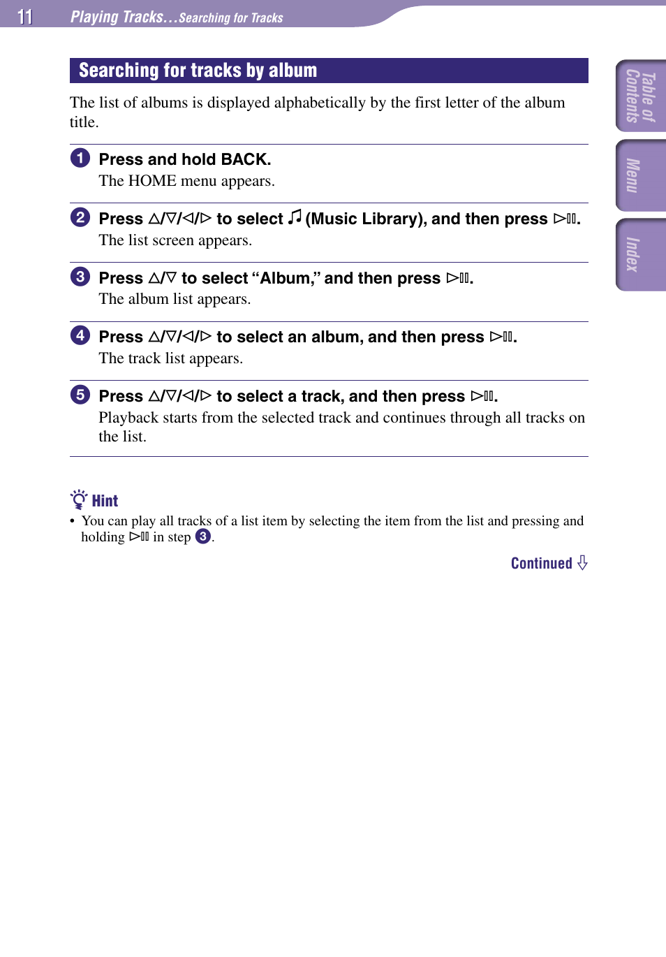 Y album, Searching for tracks by album | Sony NW-A1000 Series User Manual | Page 11 / 94