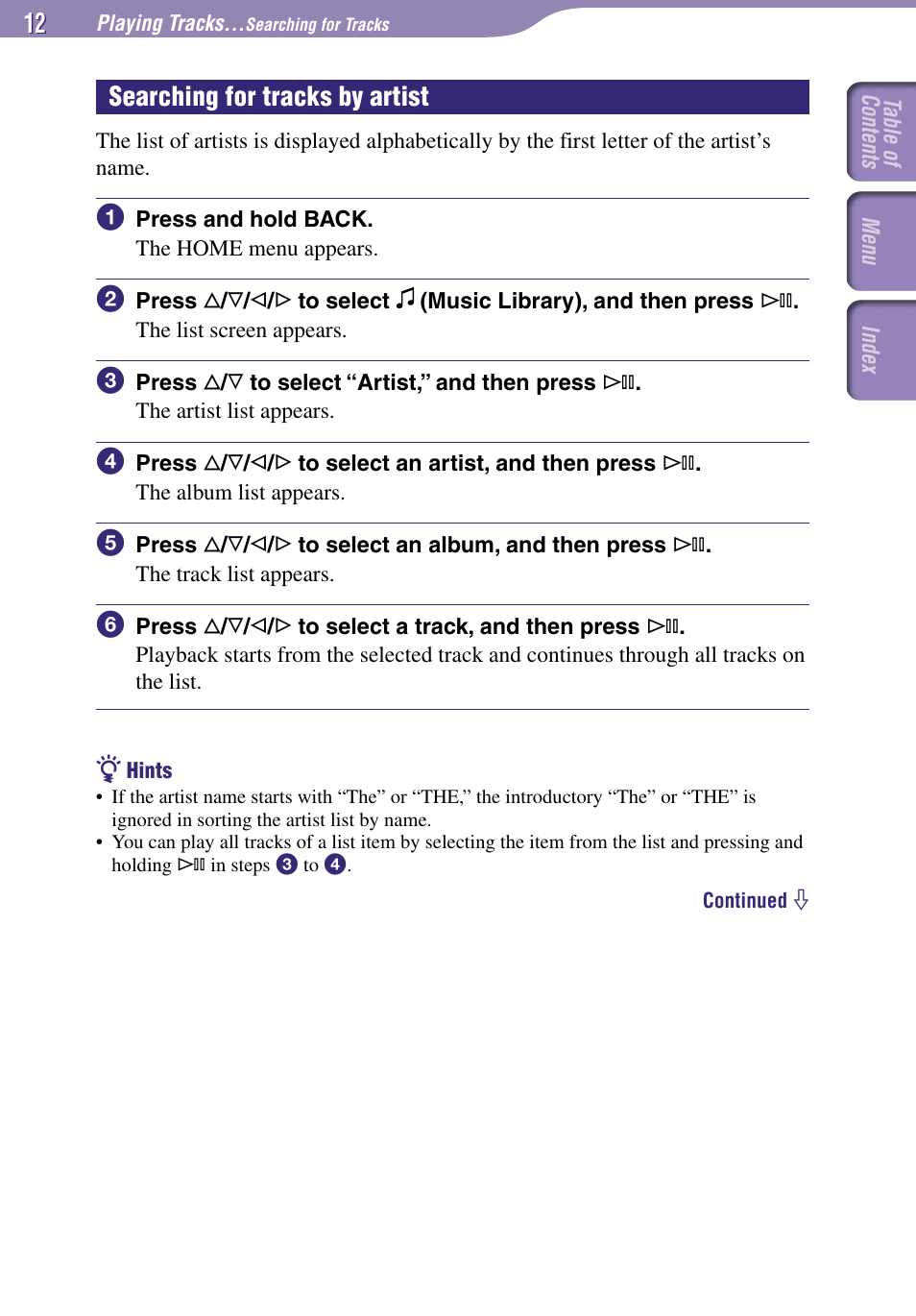 Y artist, Searching for tracks by artist | Sony NW-A1000 Series User Manual | Page 12 / 94