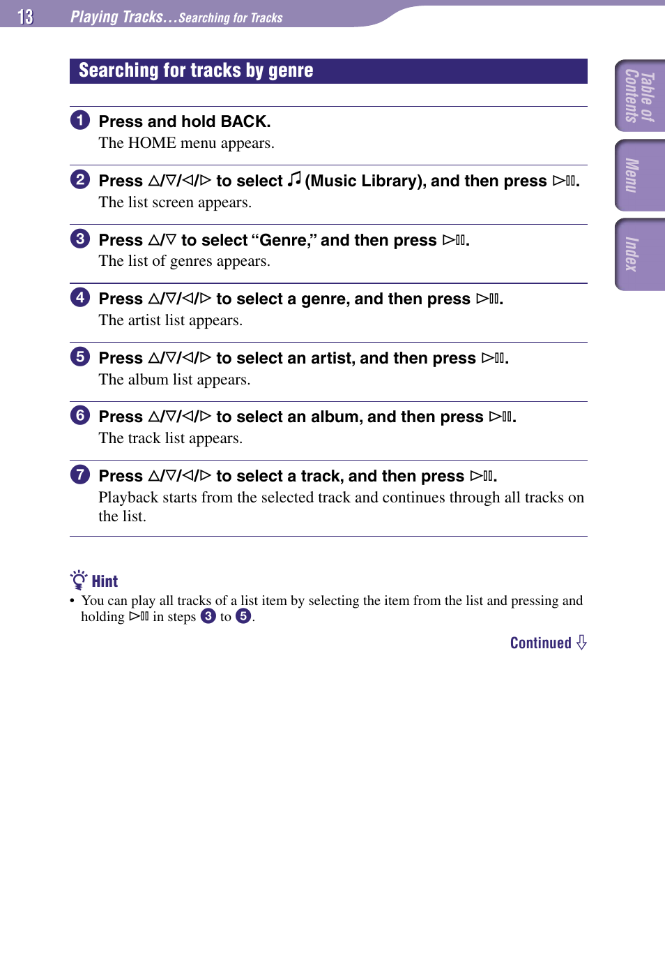 Y genre, Searching for tracks by genre | Sony NW-A1000 Series User Manual | Page 13 / 94