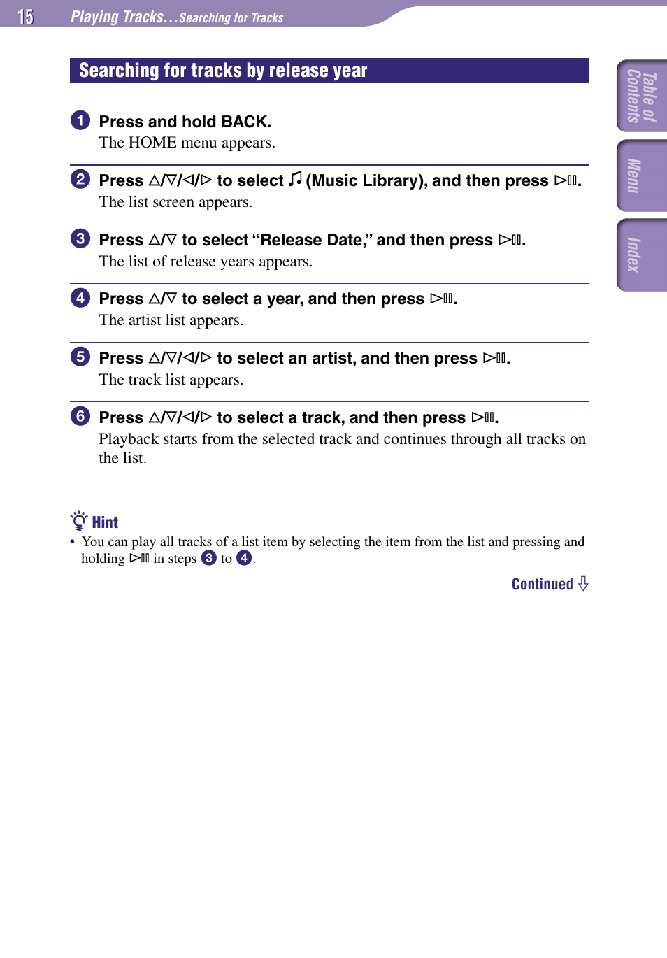 Y release year, Searching for tracks by release year | Sony NW-A1000 Series User Manual | Page 15 / 94