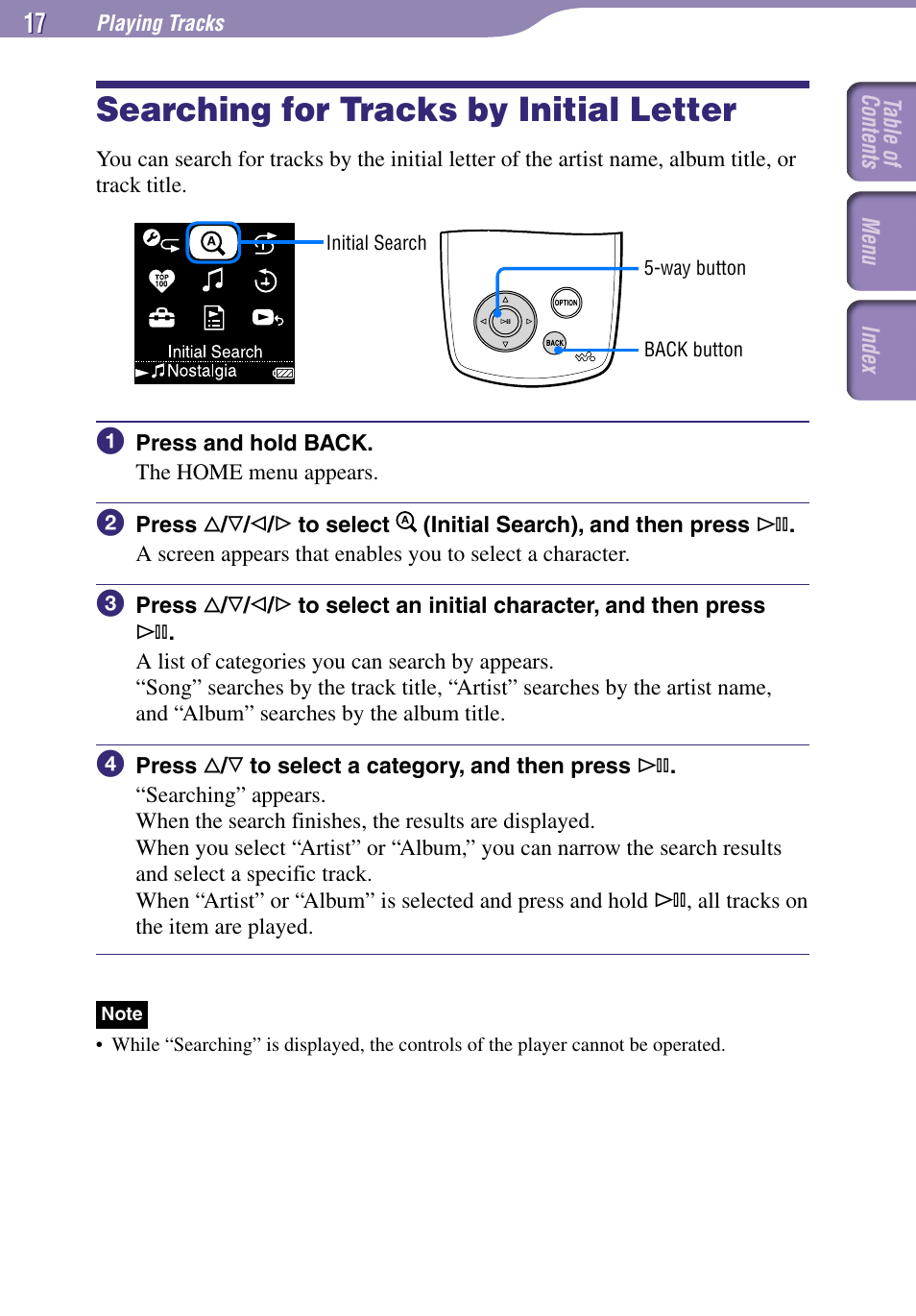 Searching for tracks by initial letter 17, Searching for tracks by initial letter | Sony NW-A1000 Series User Manual | Page 17 / 94