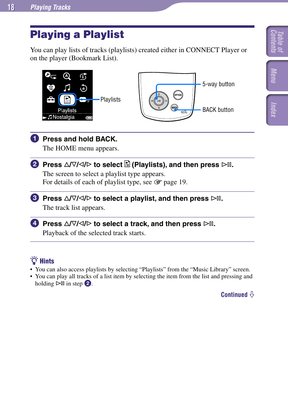 Playing a playlist | Sony NW-A1000 Series User Manual | Page 18 / 94