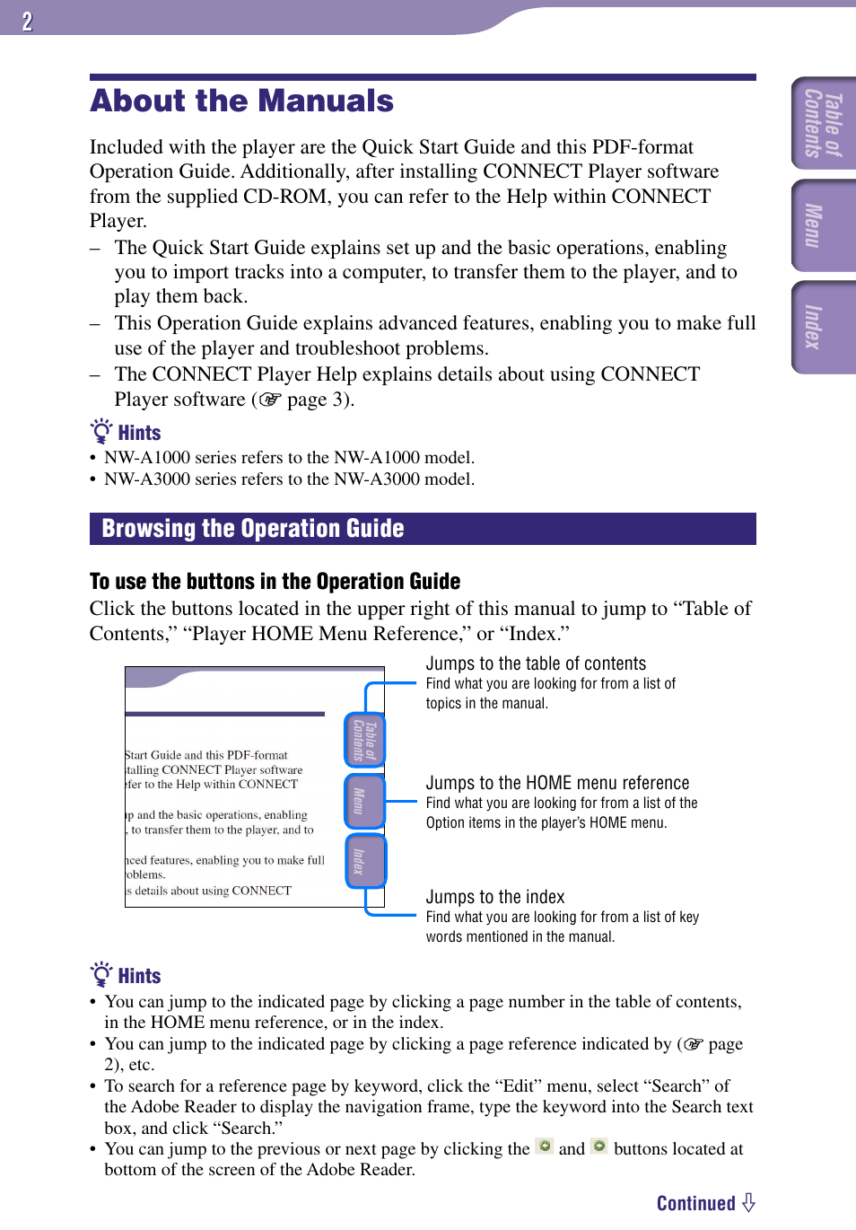 About the manuals, Browsing the operation guide | Sony NW-A1000 Series User Manual | Page 2 / 94