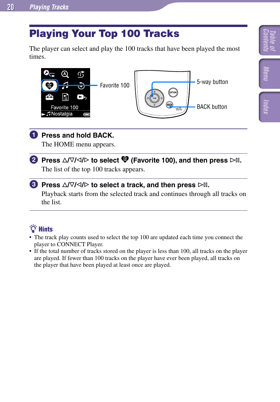 Playing your top 100 tracks | Sony NW-A1000 Series User Manual | Page 20 / 94