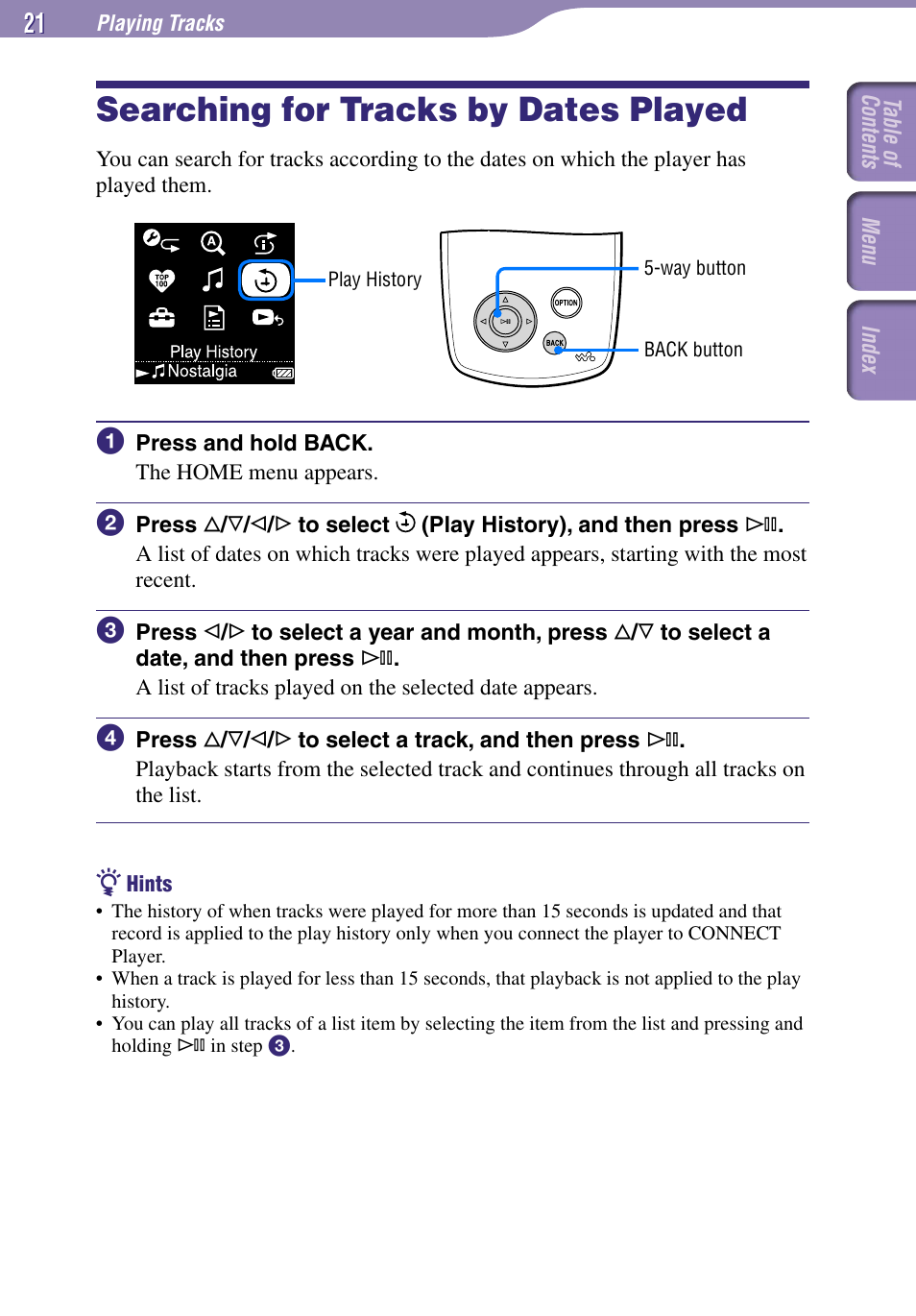 Searching for tracks by dates played 21, Searching for tracks by dates played | Sony NW-A1000 Series User Manual | Page 21 / 94